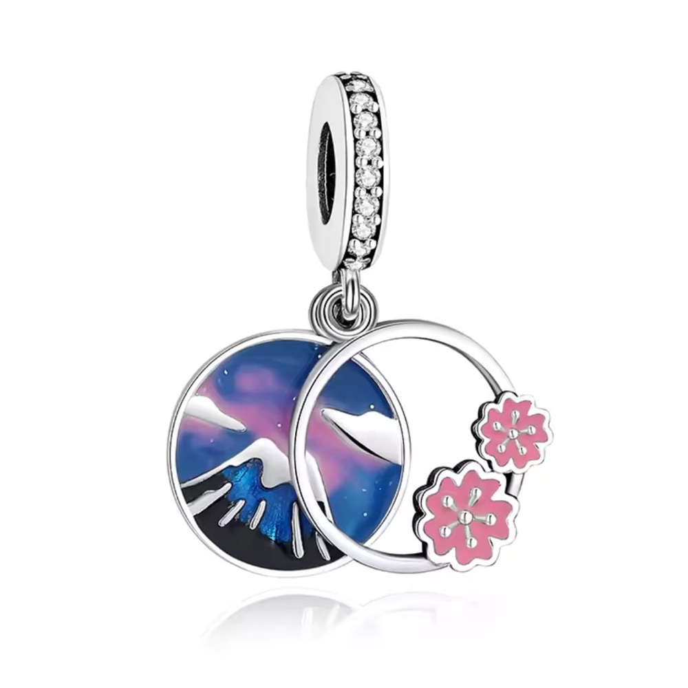 NWOT Mountain Fuji and Cherry Blossom Double Dangle Charm Sterling Silver 925